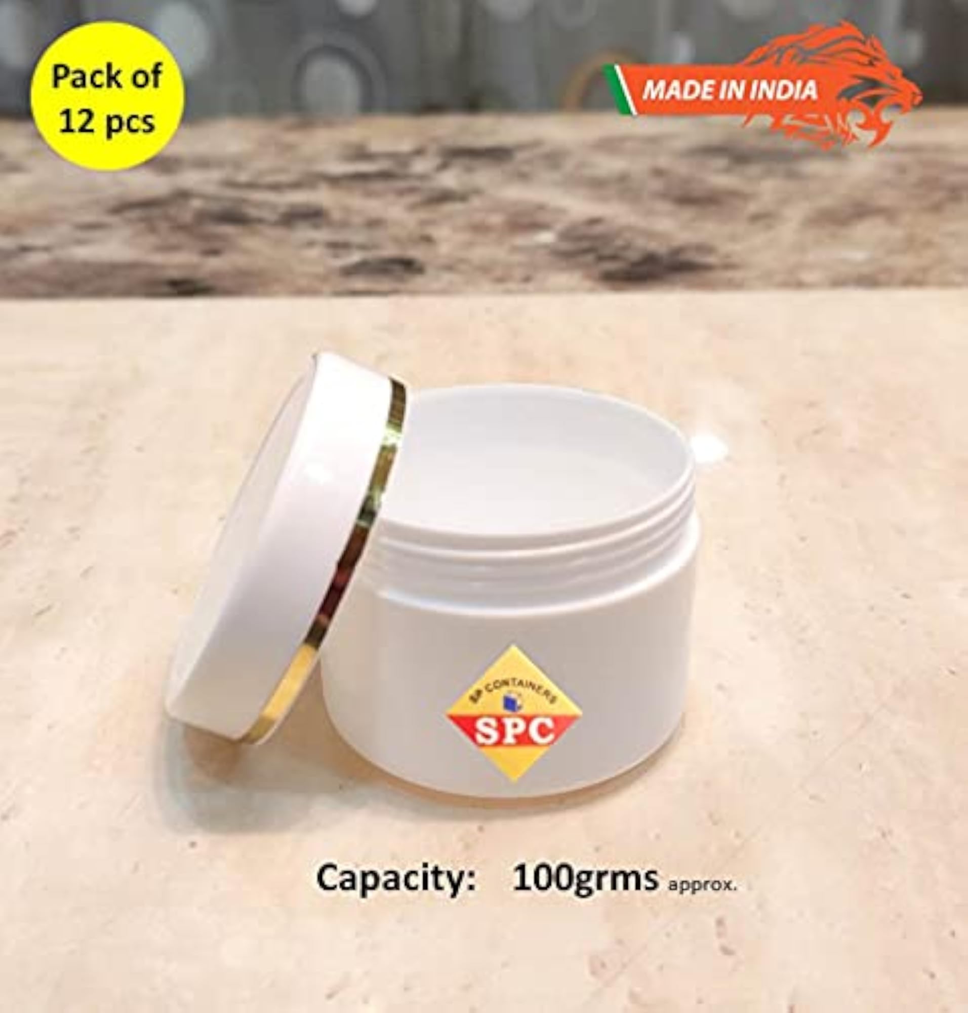 Empty Plastic White Cosmetic Jar Container with Golden Streaks Lid